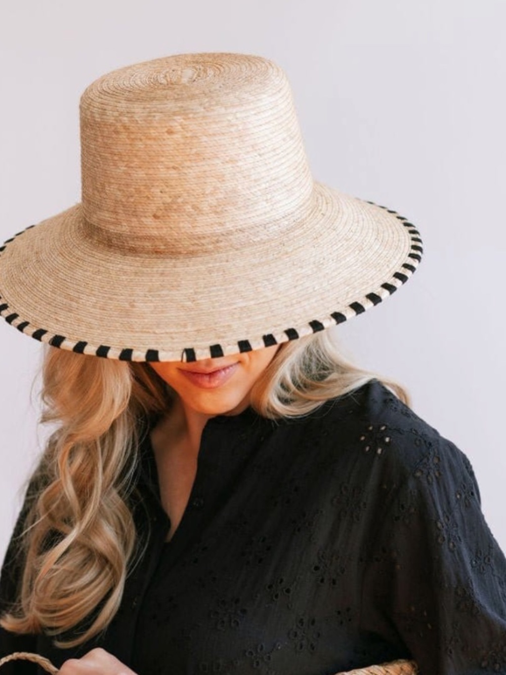 Wide Brim Straw Sun Hat with Black Trim